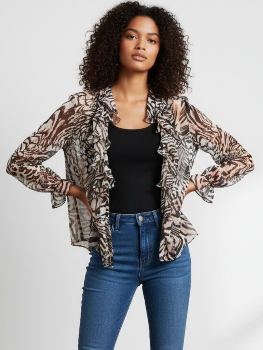 NWOT Bisou Bisou Women's Sheer Ruffle Open Front Animal Print Cardigan Blouse